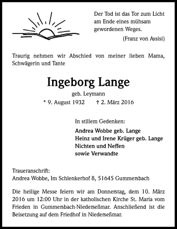Anzeige von Ingeborg Lange von Kölner Stadt-Anzeiger / Kölnische Rundschau / Express