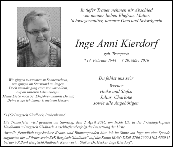 Anzeige von Inge Anni Kierdorf von Kölner Stadt-Anzeiger / Kölnische Rundschau / Express