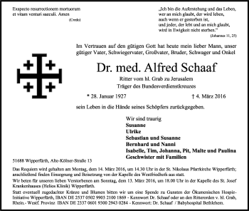 Anzeige von Alfred Schaaf von Kölner Stadt-Anzeiger / Kölnische Rundschau / Express
