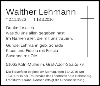 Anzeige von Walther Lehmann von Kölner Stadt-Anzeiger / Kölnische Rundschau / Express