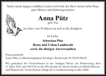 Anzeige von Anna Pütz von  Wochenende 