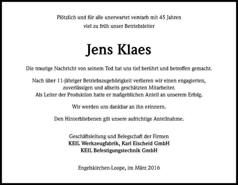  Traueranzeige für Jens Klaes vom 31.03.2016 aus Kölner Stadt-Anzeiger / Kölnische Rundschau / Express