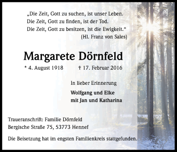 Anzeige von Margarete Dörnfeld von Kölner Stadt-Anzeiger / Kölnische Rundschau / Express