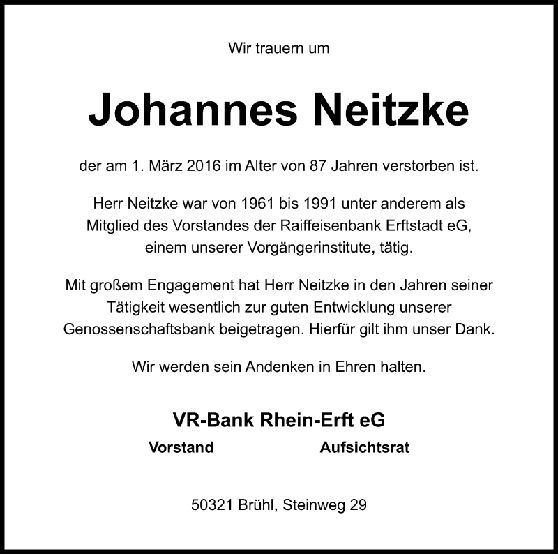  Traueranzeige für Johannes Neitzke vom 12.03.2016 aus Kölner Stadt-Anzeiger / Kölnische Rundschau / Express