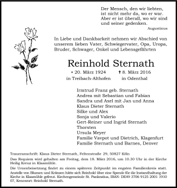 Anzeige von Reinhold Sternath von Kölner Stadt-Anzeiger / Kölnische Rundschau / Express