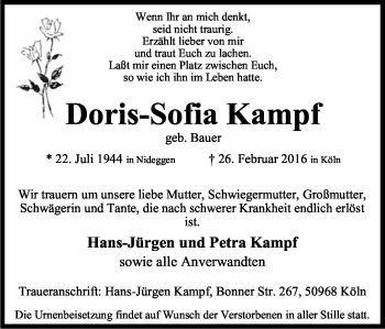 Anzeige von Doris-Sofia Kampf von Kölner Stadt-Anzeiger / Kölnische Rundschau / Express