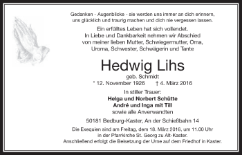 Anzeige von Hedwig Lihs von  Werbepost 