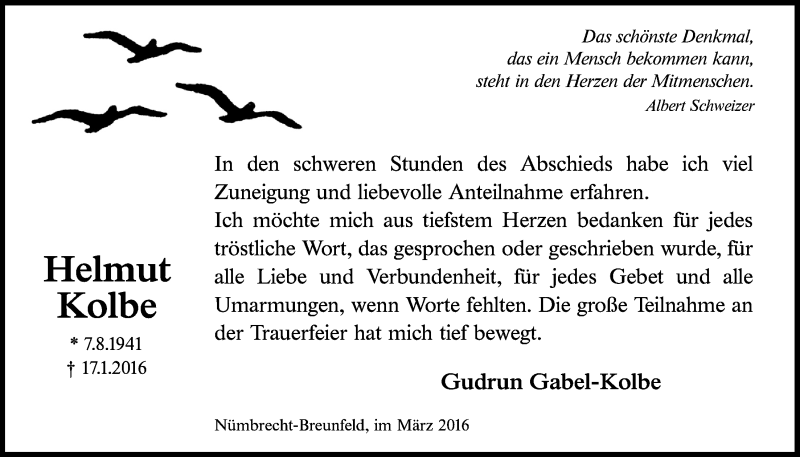  Traueranzeige für Helmut Kolbe vom 02.03.2016 aus  Anzeigen Echo  Lokalanzeiger 