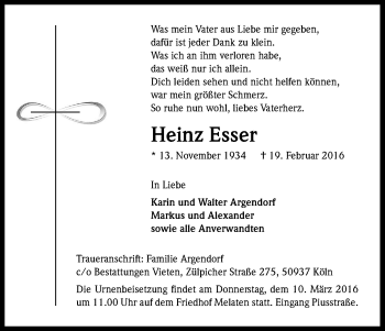 Anzeige von Heinz Esser von Kölner Stadt-Anzeiger / Kölnische Rundschau / Express