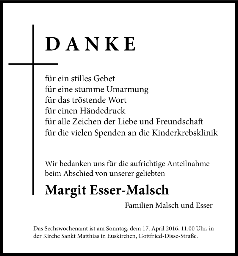  Traueranzeige für Margit Esser-Malsch vom 26.03.2016 aus Kölner Stadt-Anzeiger / Kölnische Rundschau / Express