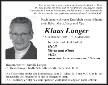 Anzeige von Klaus Langer von  Wochenende 