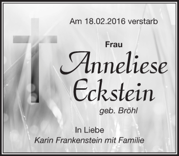 Anzeige von Anneliese Eckstein von  Kölner Wochenspiegel 