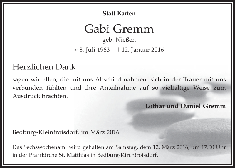  Traueranzeige für Gabi Gremm vom 09.03.2016 aus  Werbepost 
