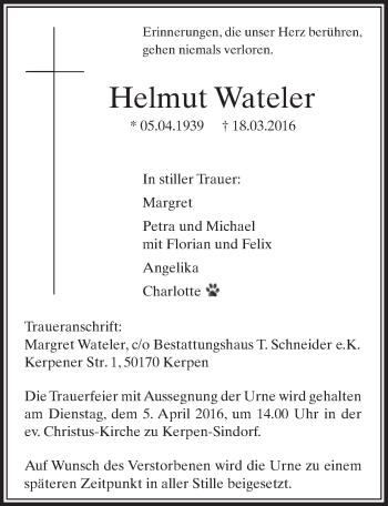 Anzeige von Helmut Wateler von  Sonntags-Post 