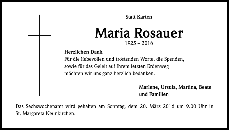  Traueranzeige für Maria Rosauer vom 07.03.2016 aus Kölner Stadt-Anzeiger / Kölnische Rundschau / Express