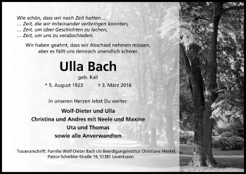 Anzeige von Ulla Bach von Kölner Stadt-Anzeiger / Kölnische Rundschau / Express
