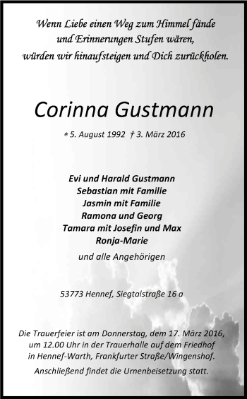 Anzeige von Corinna Gustmann von Kölner Stadt-Anzeiger / Kölnische Rundschau / Express