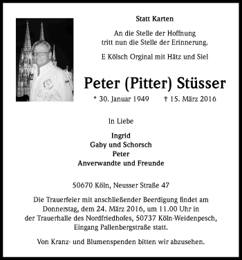 Anzeige von Peter  Stüsser von Kölner Stadt-Anzeiger / Kölnische Rundschau / Express