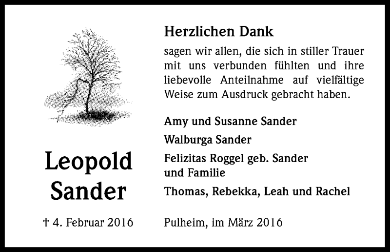  Traueranzeige für Leopold Sander vom 12.03.2016 aus Kölner Stadt-Anzeiger / Kölnische Rundschau / Express