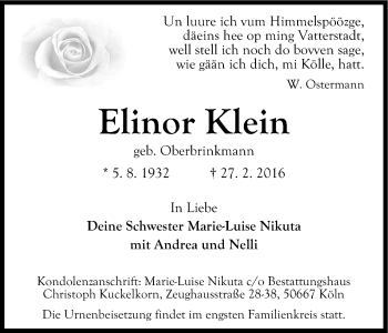 Anzeige von Elinor Klein von Kölner Stadt-Anzeiger / Kölnische Rundschau / Express