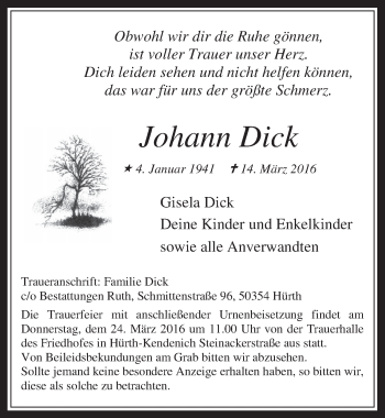 Anzeige von Johann Dick von  Wochenende 
