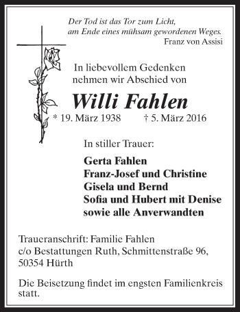 Anzeige von Willi Fahlen von  Wochenende 