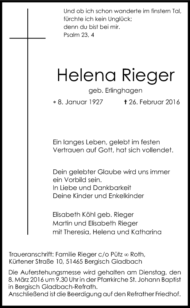  Traueranzeige für Helena Rieger vom 02.03.2016 aus Kölner Stadt-Anzeiger / Kölnische Rundschau / Express