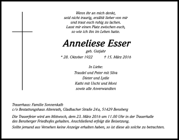 Anzeige von Anneliese Esser von Kölner Stadt-Anzeiger / Kölnische Rundschau / Express