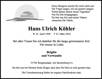 Anzeige von Hans Ulrich Köhler von Kölner Stadt-Anzeiger / Kölnische Rundschau / Express