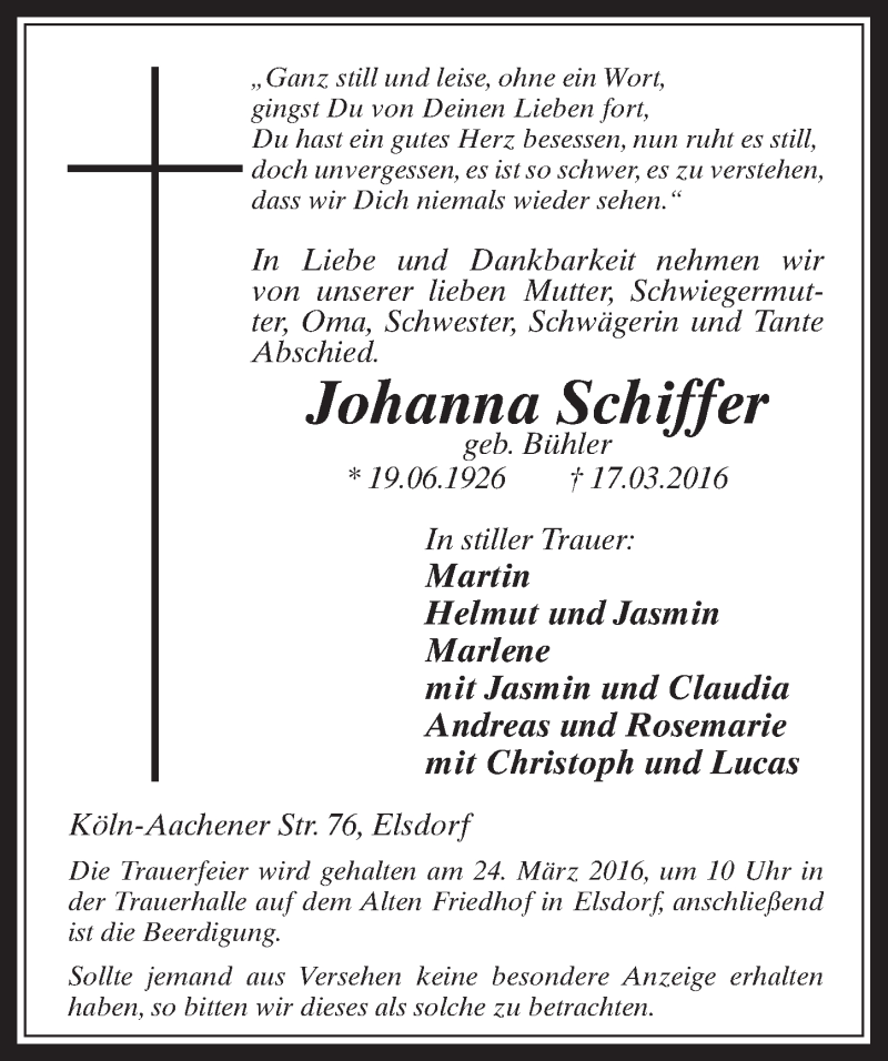  Traueranzeige für Johanna Schiffer vom 23.03.2016 aus  Werbepost 