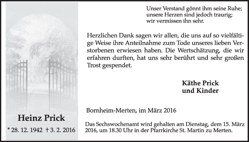  Traueranzeige für Heinz Prick vom 09.03.2016 aus  Schlossbote/Werbekurier 