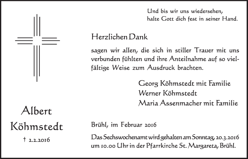  Traueranzeige für Albert Köhmstedt vom 02.03.2016 aus  Schlossbote/Werbekurier 