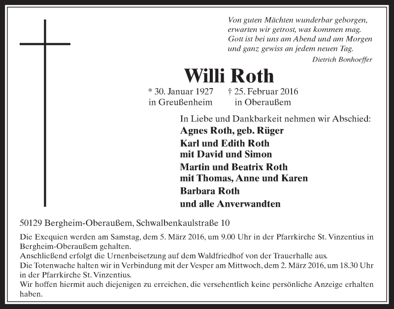  Traueranzeige für Willi Roth vom 02.03.2016 aus  Werbepost 