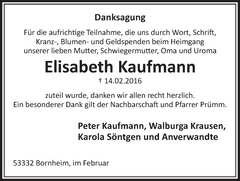  Traueranzeige für Elisabeth Kaufmann vom 16.03.2016 aus  Schlossbote/Werbekurier 
