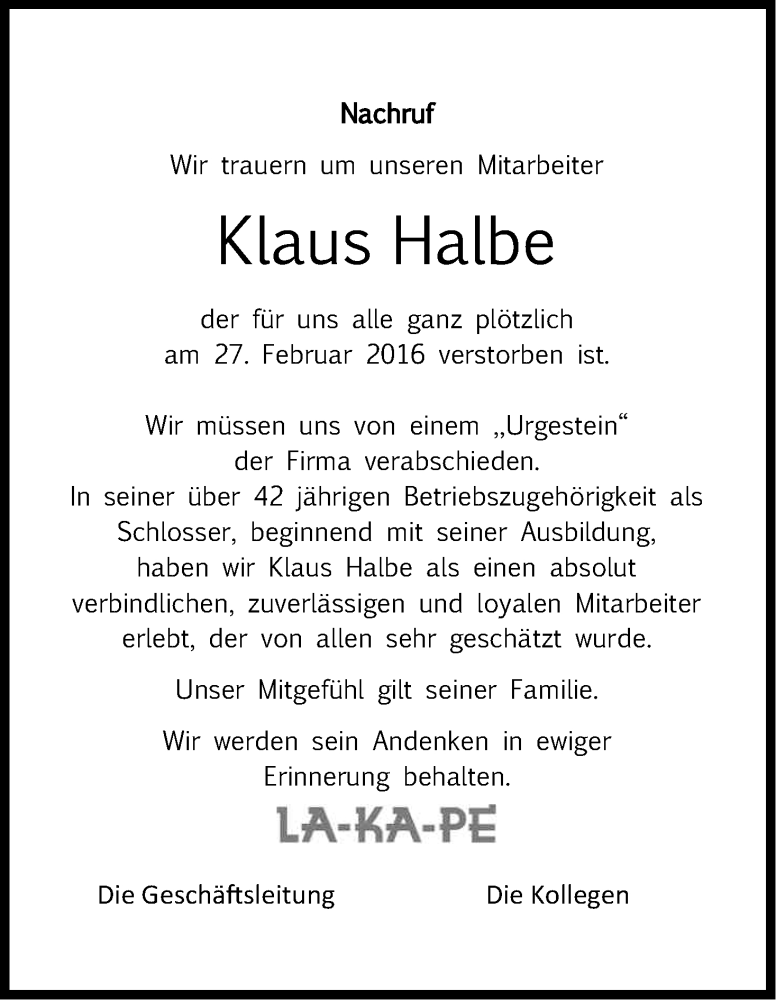  Traueranzeige für Klaus Halbe vom 05.03.2016 aus Kölner Stadt-Anzeiger / Kölnische Rundschau / Express
