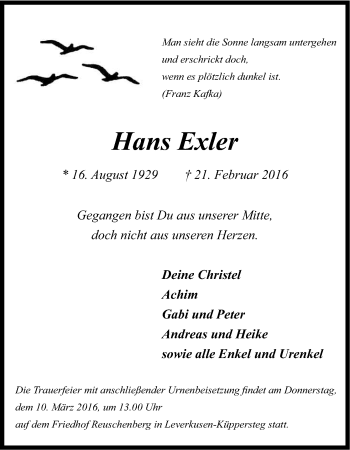 Anzeige von Hans Exler von Kölner Stadt-Anzeiger / Kölnische Rundschau / Express