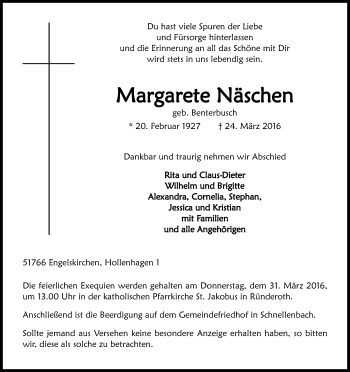 Anzeige von Margarete Näschen von Kölner Stadt-Anzeiger / Kölnische Rundschau / Express