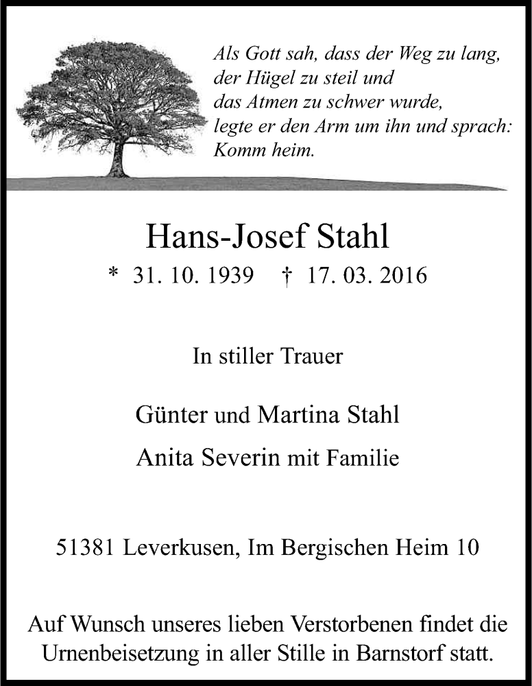  Traueranzeige für Hans-Josef Stahl vom 26.03.2016 aus Kölner Stadt-Anzeiger / Kölnische Rundschau / Express