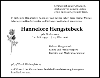 Anzeige von Hannelore Hengstebeck von Kölner Stadt-Anzeiger / Kölnische Rundschau / Express