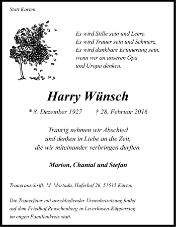 Anzeige von Harry Wünsch von Kölner Stadt-Anzeiger / Kölnische Rundschau / Express
