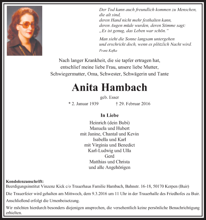  Traueranzeige für Anita Hambach vom 05.03.2016 aus  Sonntags-Post 