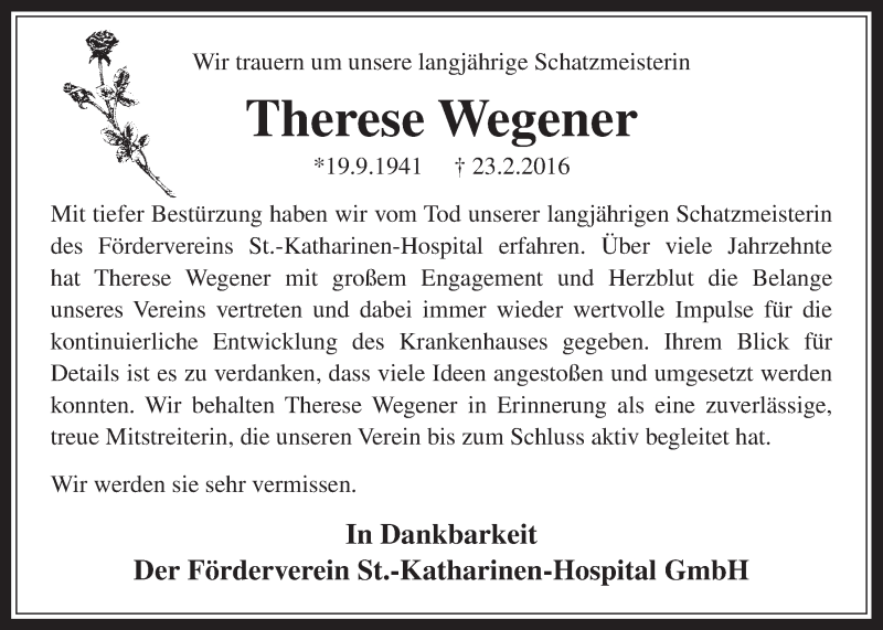  Traueranzeige für Therese Wegener vom 02.03.2016 aus  Wochenende 