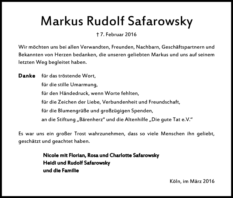  Traueranzeige für Markus Rudolf Safarowsky vom 26.03.2016 aus Kölner Stadt-Anzeiger / Kölnische Rundschau / Express