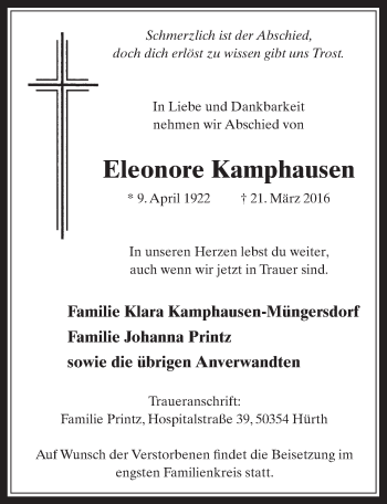 Anzeige von Eleonore Kamphausen von  Wochenende 