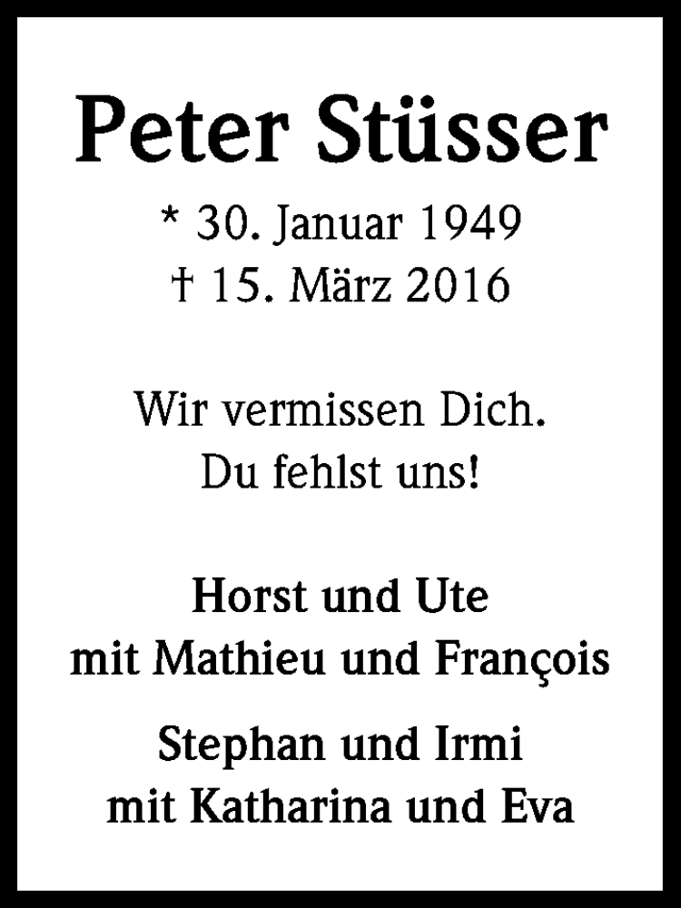  Traueranzeige für Peter  Stüsser vom 24.03.2016 aus Kölner Stadt-Anzeiger / Kölnische Rundschau / Express