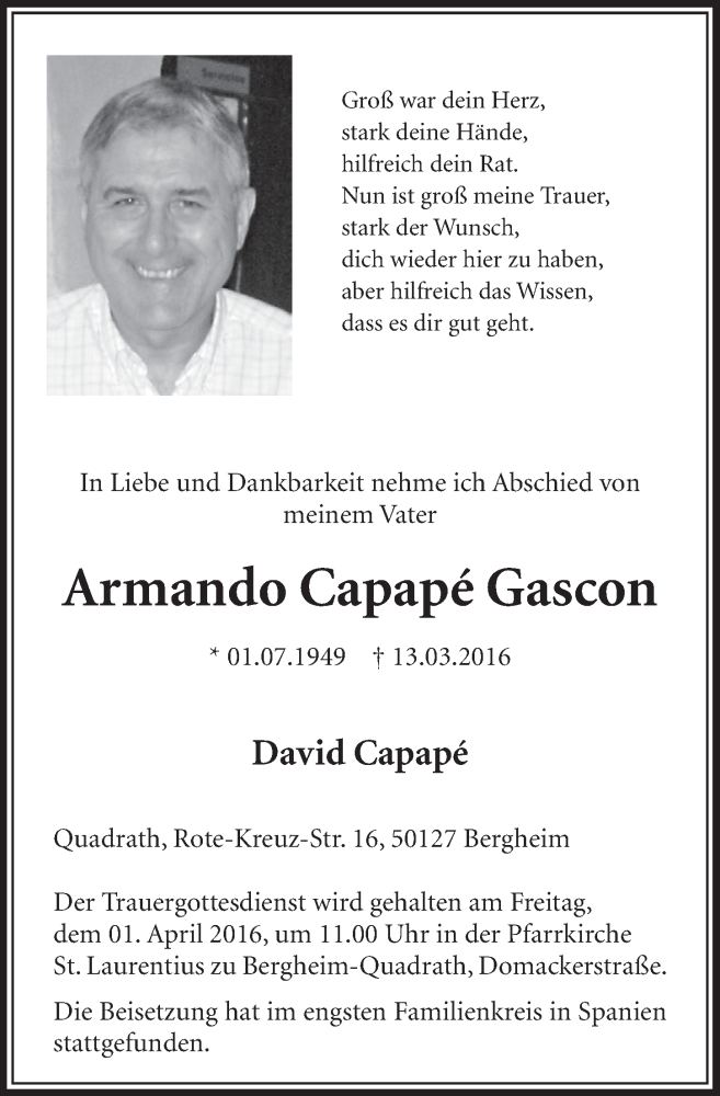  Traueranzeige für Armando Capapé Gascon vom 19.03.2016 aus  Sonntags-Post 