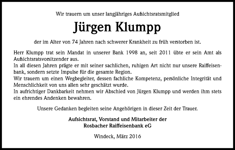  Traueranzeige für Jürgen Klumpp vom 09.03.2016 aus Kölner Stadt-Anzeiger / Kölnische Rundschau / Express