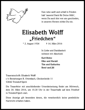 Anzeige von Elisabeth Wolff von Kölner Stadt-Anzeiger / Kölnische Rundschau / Express