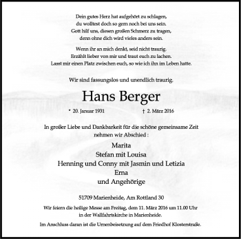 Anzeige von Hans Berger von Kölner Stadt-Anzeiger / Kölnische Rundschau / Express