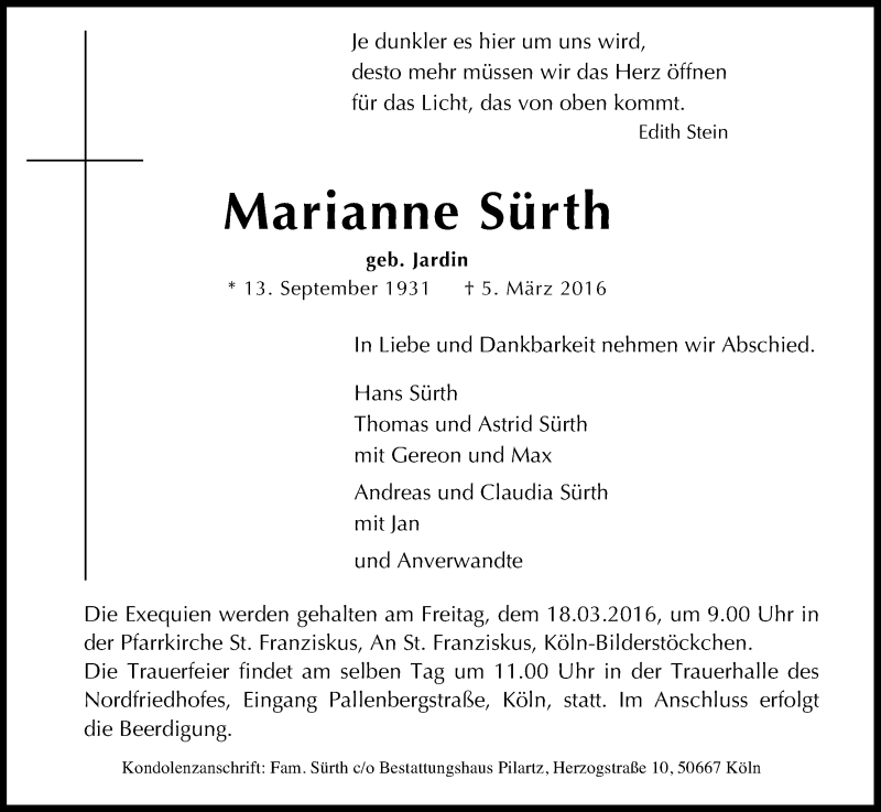  Traueranzeige für Marianne Sürth vom 12.03.2016 aus Kölner Stadt-Anzeiger / Kölnische Rundschau / Express